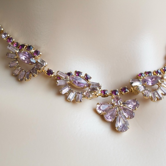 Vintage Purple Rhinestone Statement Necklace Mid-Century Glam Choker / Collar - Picture 2 of 7